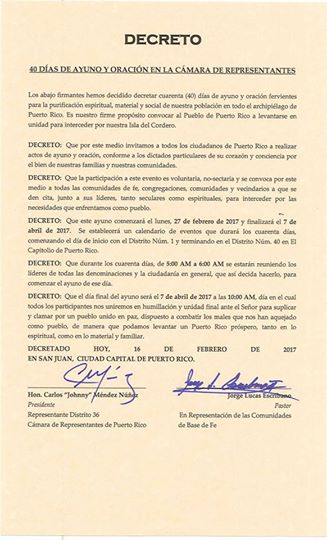Decreto firmado de 40 días de ayuno en la Cámara de Representantes