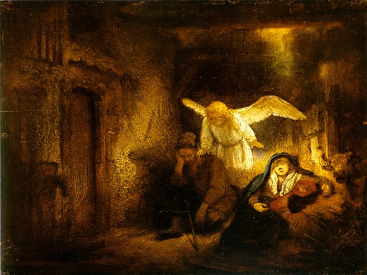 El sueño de José por Rembrandt. Aparecen José y María durmiendo, y un ángel hablando con José.