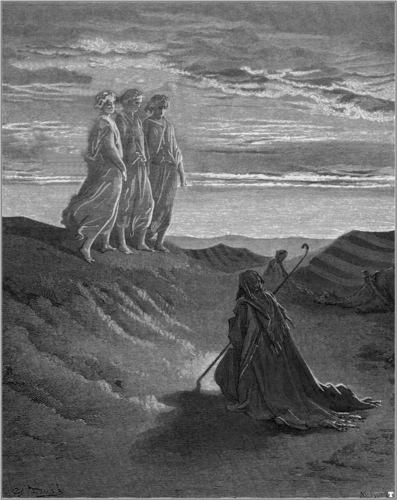 Abraham, Dios y dos ángeles, por Gustave Doré (1852)