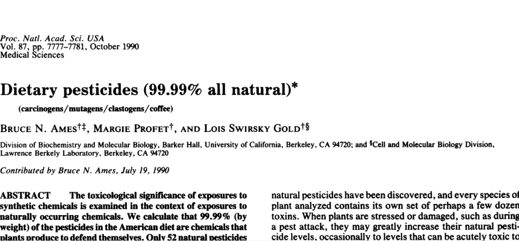Cabezote del artículo "Dietary Pesticides" (Ames, Profet & Gold)