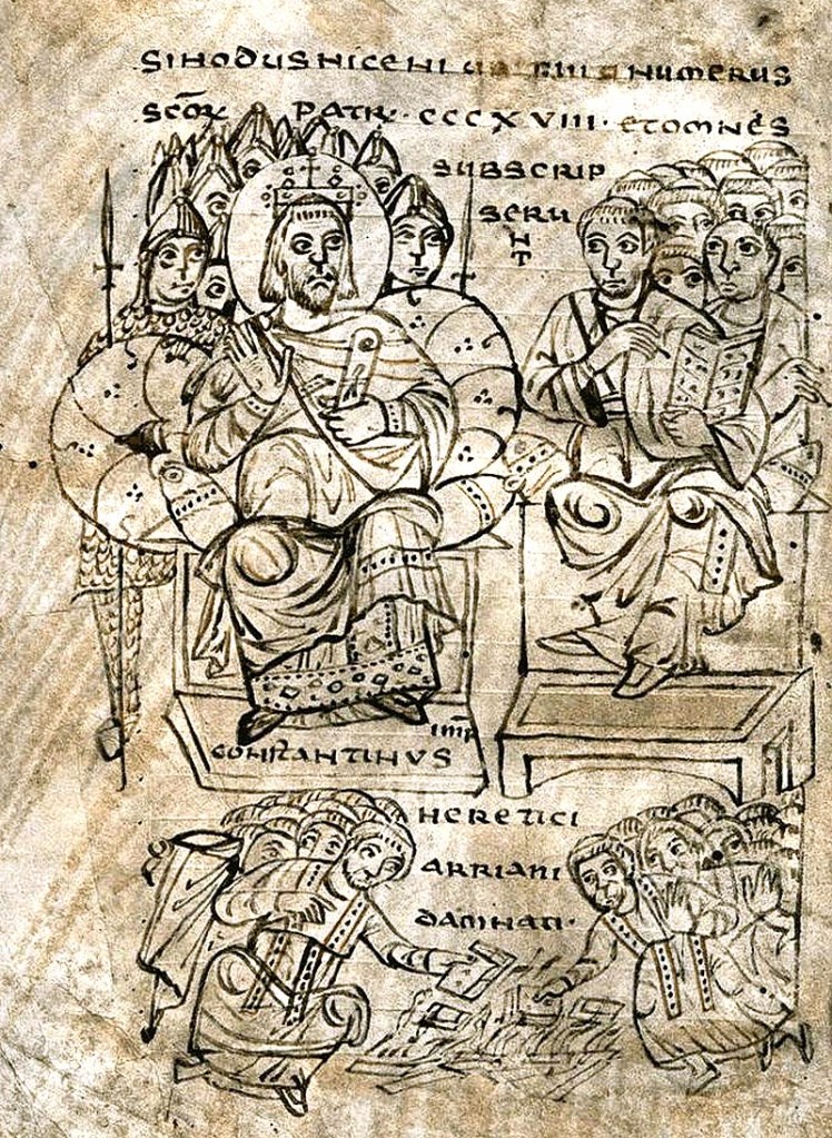 Ilustración del Concilio de Niscea y la quema de libros arrianos por Constantino (s. IX EC)