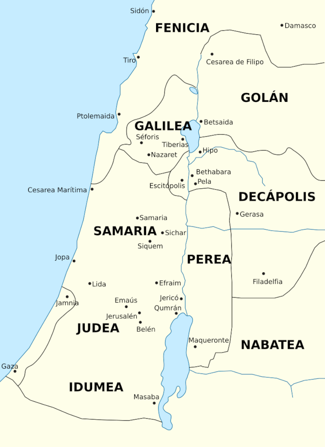 Mapa de la región palestinense durante el siglo I e.c. Imagen cortesía de "Duende" de Wikimedia Commons. Licencia: BY-SA 2.5 Generic.