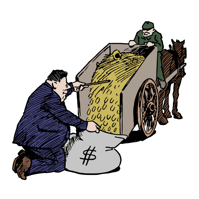 Hombre llenando una bolsa de dinero.