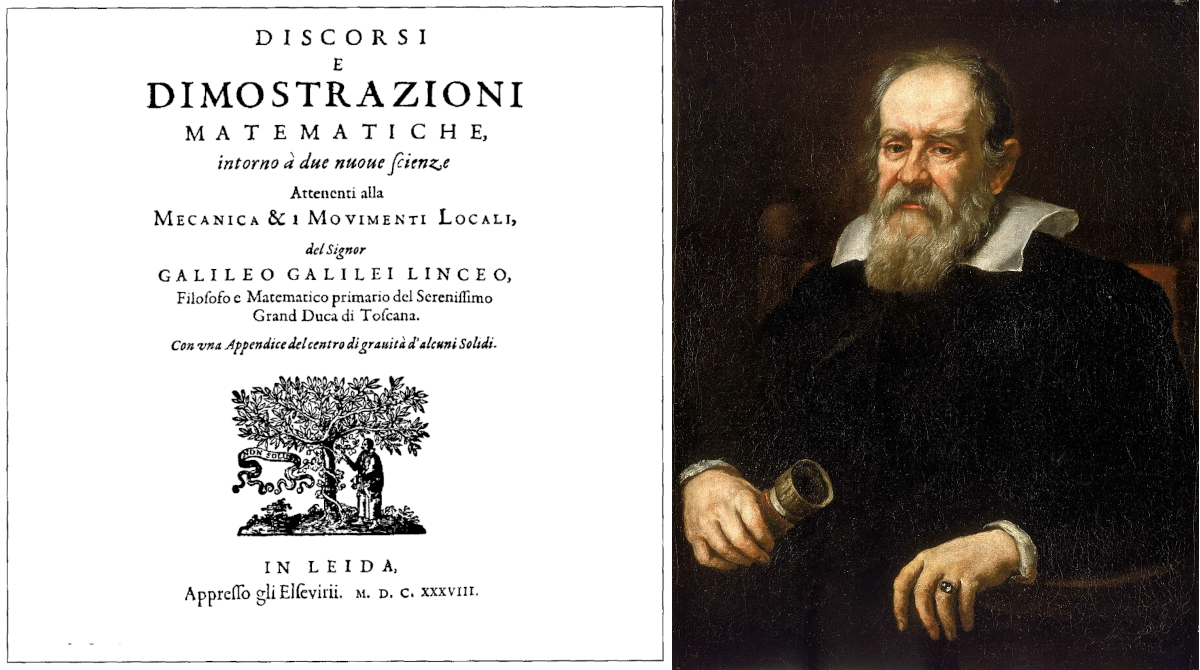 Libro de Galileo sobre cinemática y un retrato de Galileo