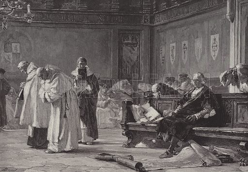 Colón ante el Consejo de Salamanca (1892). Reproducido a partir de la pintura original por Nicolo Barabino