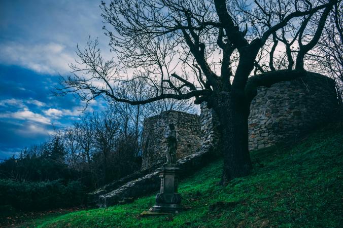 Una estructura y una estatua con un árbol sin ojas en un atardecer oscuro