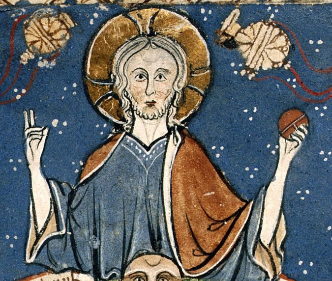 Una parte del Parte de la imagen del El Mapa del Salterio de la abadía de Westminster. Dios sosteniendo el globo de la Tierra en sus manos.