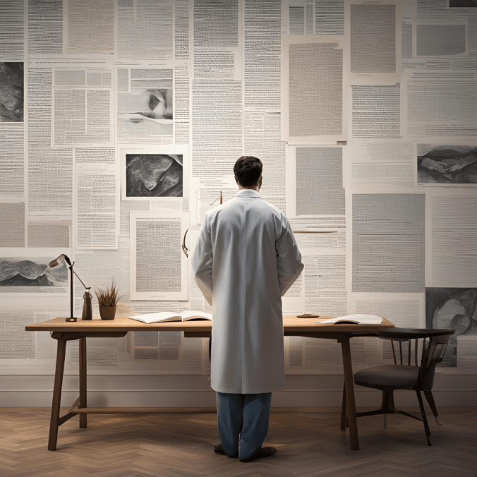 Científico que contempla páginas de revistas académicas en una pared
