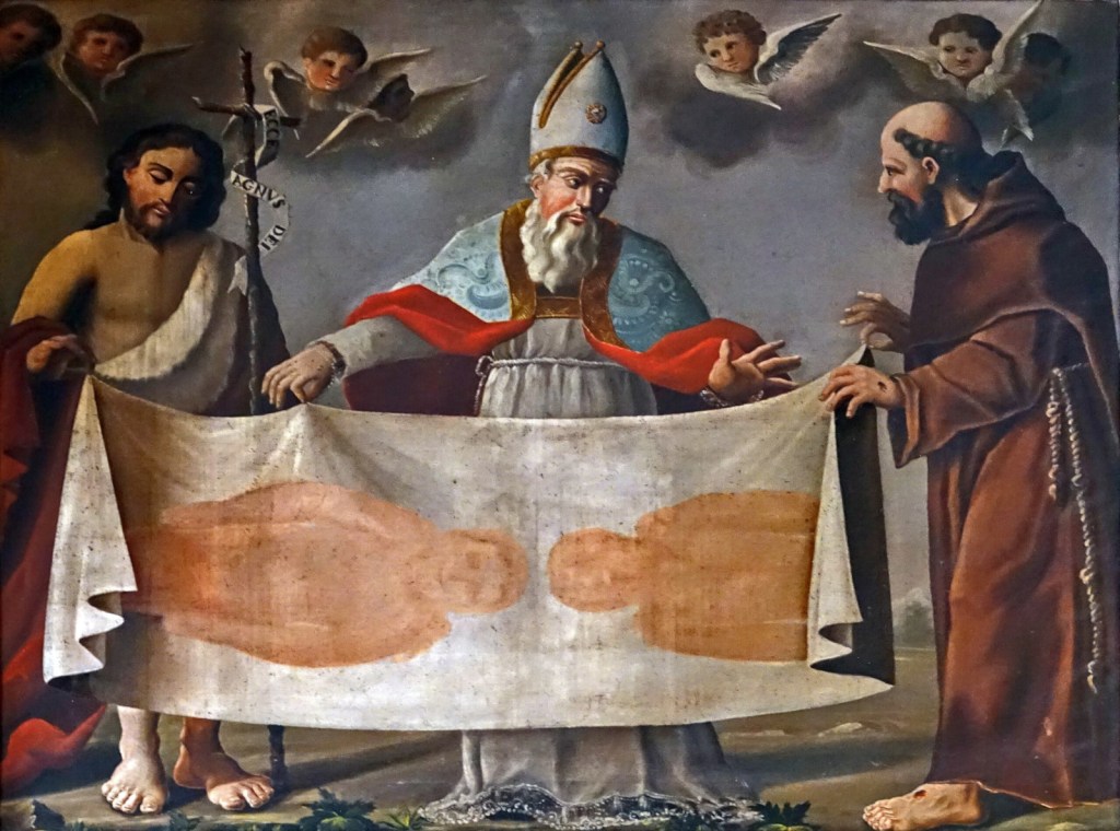 Pintura de la Sábana de Turín entre los santos.