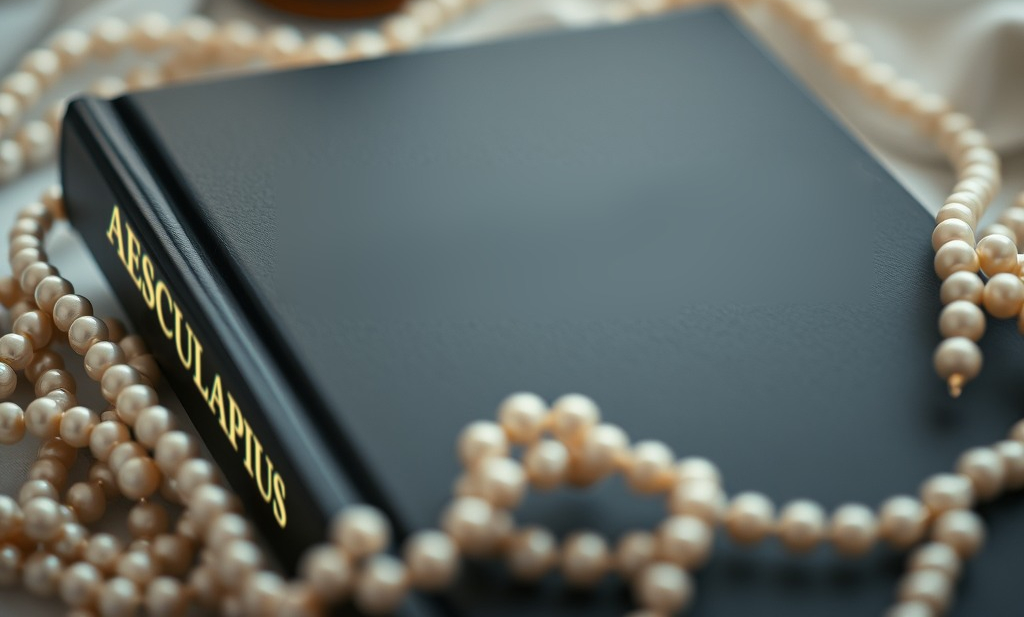 Libro en carpeta de tesis con la palabra "Aesculapius" rodeado de perlas