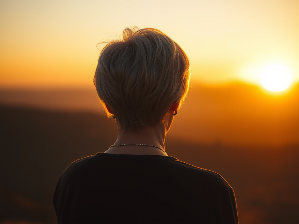 A woman looking at a bright horizon