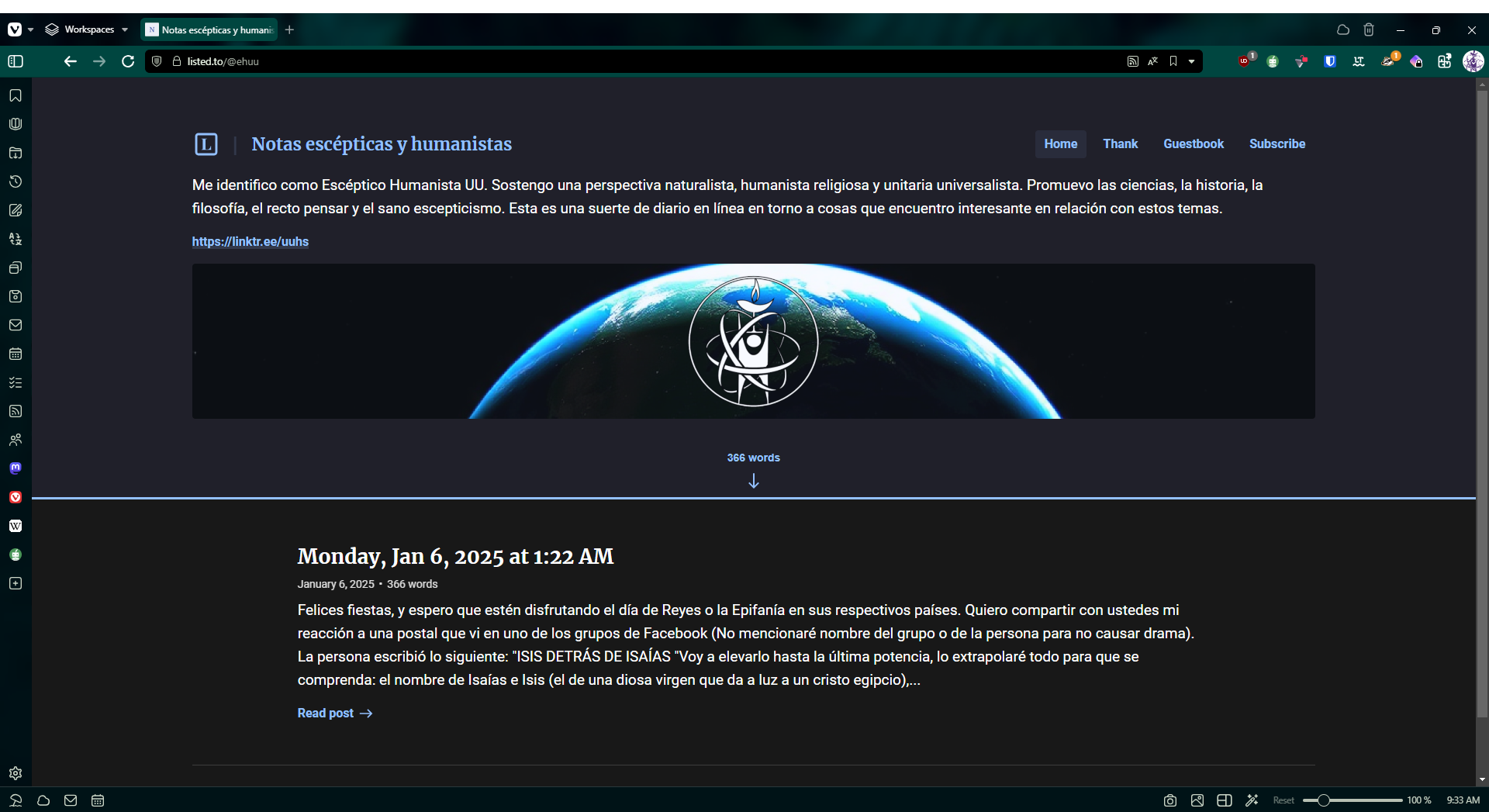 Navegador mostrando el diario cibernético "Notas escépticas y humanistas"