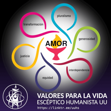 La flor de los valores del unitarismo universalista con el logotipo de Escéptico Humanista UU