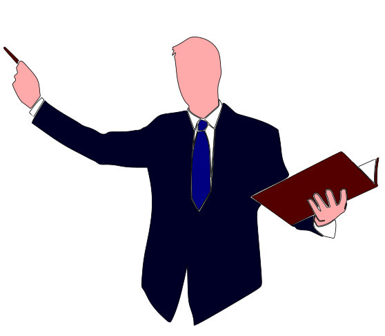 Imagen vectorial que representa a un profesor enseñando. Está apuntando con un bolígrafo mientras habla y tiene un libro en la otra mano.