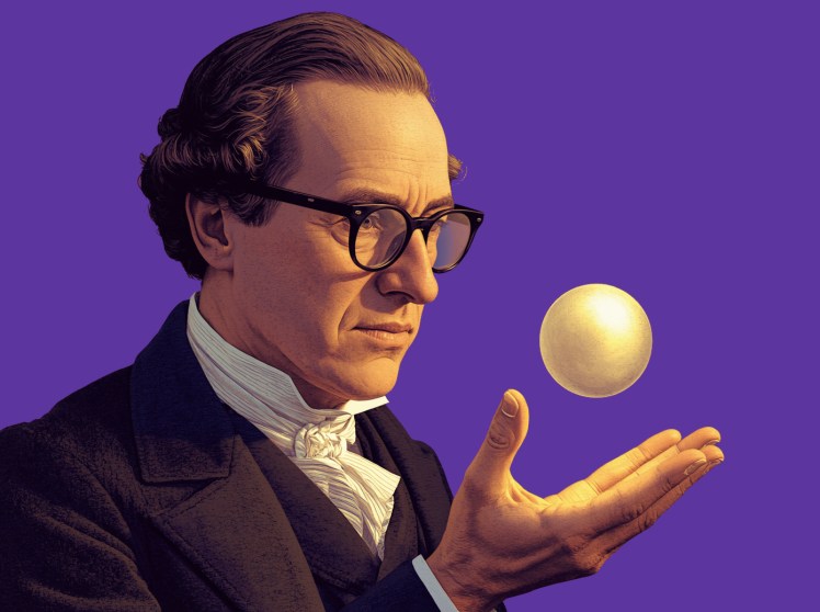 John Dalton contemplando una esfera amarilla, que representa el átomo
