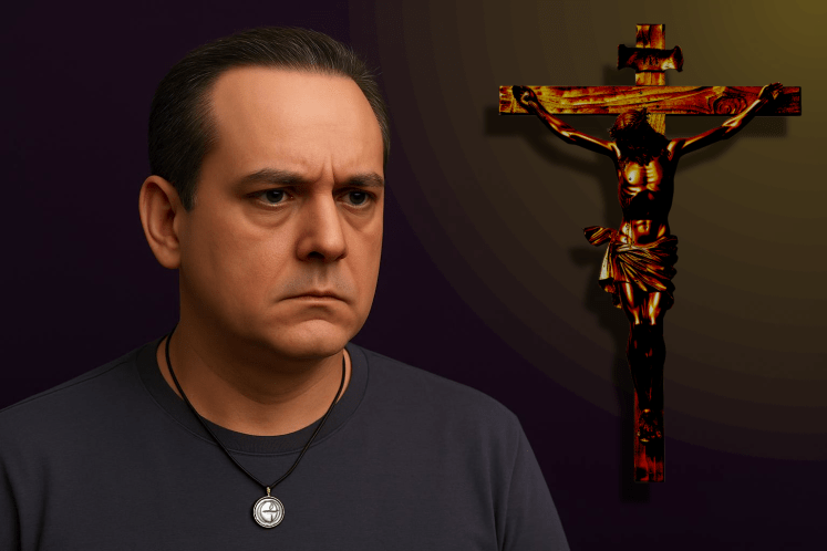 Imagen mía al lado de un crucifijo a oscuras. Mi rostro muestra angustia interna.