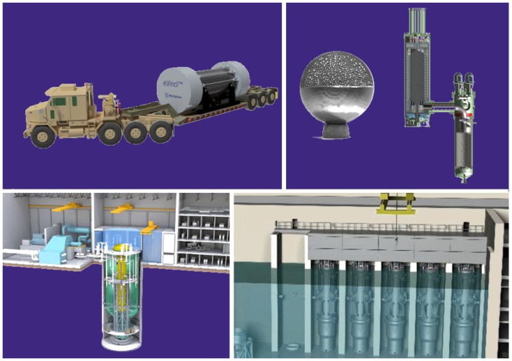 Plantas nucleares propuestas para Puerto Rico: a mano superior izquierda, tienen el reactor eVinci llevado por un cambión. A mano superior derecha hay una ilustración de un combustible TRISO-X y el reactor Xe-100. A mano inferior izquierda está una ilustración del reactor BRWX-300 y a mano inferior derecha, el reactor VOYAGR de NuScale.