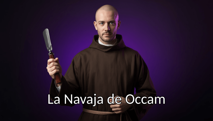 Imagen de un fraile con una navaja grande en su mano derecha. En la parte inferior de la imagen dice "La Navaja de Occam".