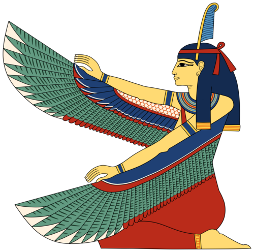La imagen de la diosa Maʿat. Tiene en su cabeza una pluma de avestruz. Tiene unas alas verdes extendidas hacia el frente y está sentada en el suelo con un vestido rojo.