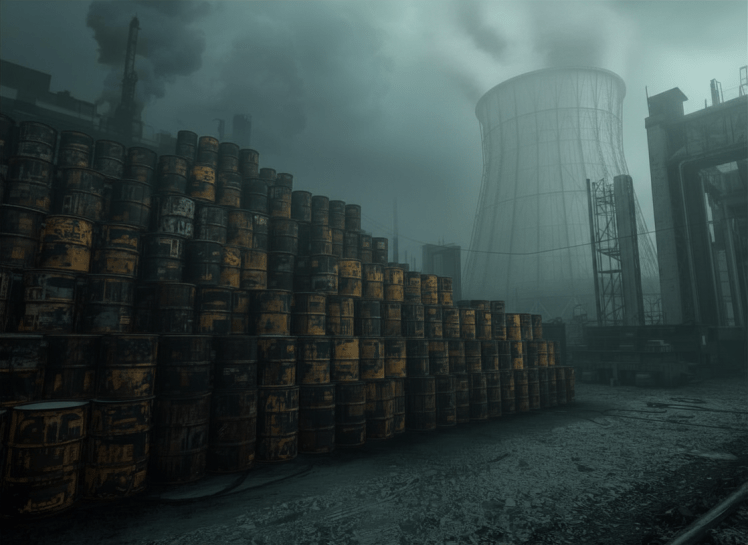 Una imagen que representa cúmulos de desperdicio nuclear. Al fondo se ve una torre de refrigeración.