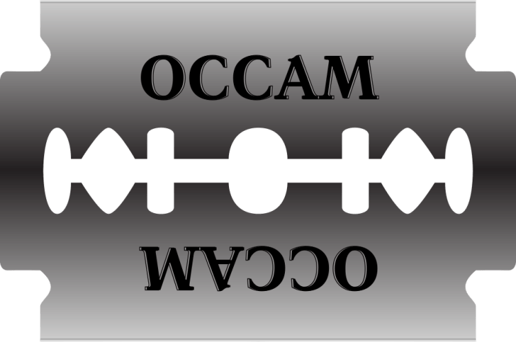 Imagen de una navaja de rasurar con el nombre "Occam" en la parte superior e inferior.