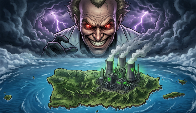 Científico malvado ve cómo Puerto Rico se contamina con una planta nuclear y radiación.
