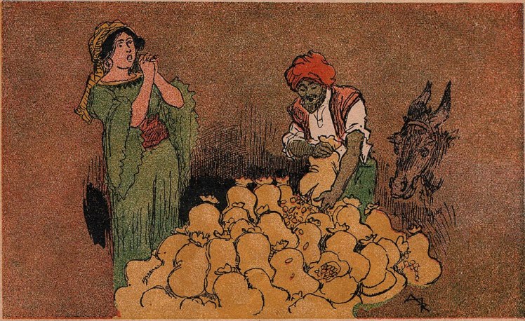 Una escena en que Alí Babá le muestra a Morgiana los tesoros de Sésamo.