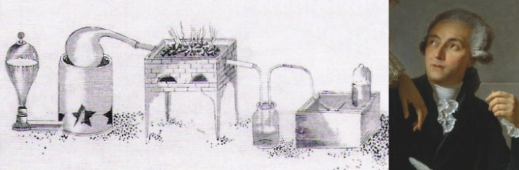 A mano derecha, la ilustración de un experimento que usó Antoine Lavoisier para demostrar que la materia ni se crea ni se destruye. A mano derecha, un retrato de Lavoisier.