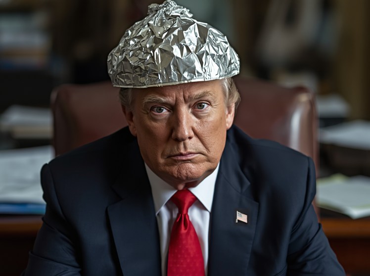 El presidente Donald Trump con un sombrero de aluminio en la cabeza.