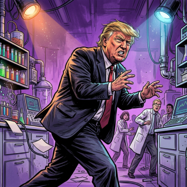 Imagen que presenta al presidente Donald Trump entrando furioso a un laboratorio, mientras que, en el fondo, varios científicos lo miran sorprendidos.