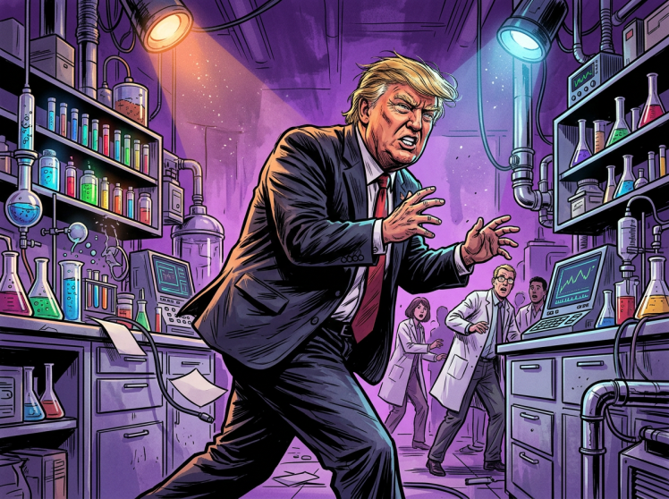 Imagen que presenta al presidente Donald Trump entrando furioso a un laboratorio, mientras que, en el fondo, varios científicos lo miran sorprendidos.