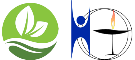 A la izquierda, el logo de la religiosidad naturalista. A mano derecha, el "humano feliz" azul y el símbolo del unitarismo universalista.