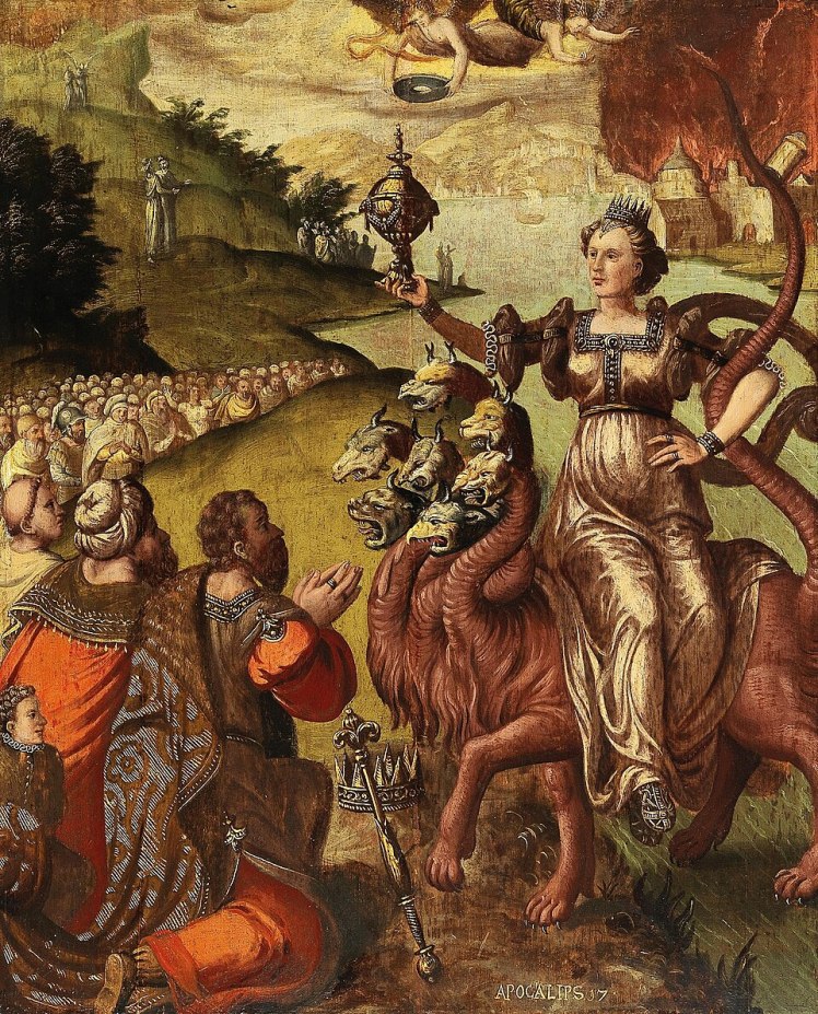 Pintura de la "Gran Ramera de Babilonia": Hay una mujer vestida de realeza con capa escarlata, sentada sobre un dragón de siete cabezas, y una multitud arrodillándose ante ella.